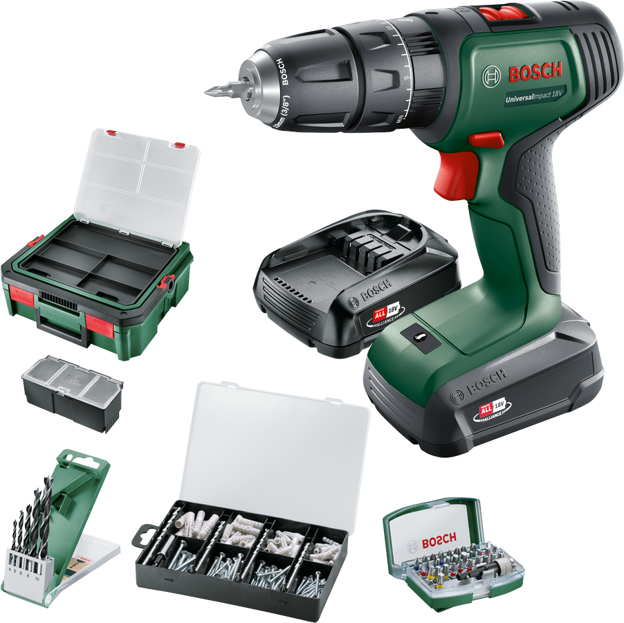 Bosch UniversalImpact 18V (2x 1,5Ah) Akülü Darbeli/Delme Vidalama Makinesi + 210 parça set + Systembox S