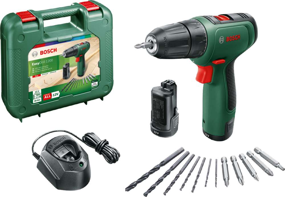 Bosch EasyDrill 1200 Cordless Drill Driver + GAL 1210 CV + Accessory Set (Double Battery)