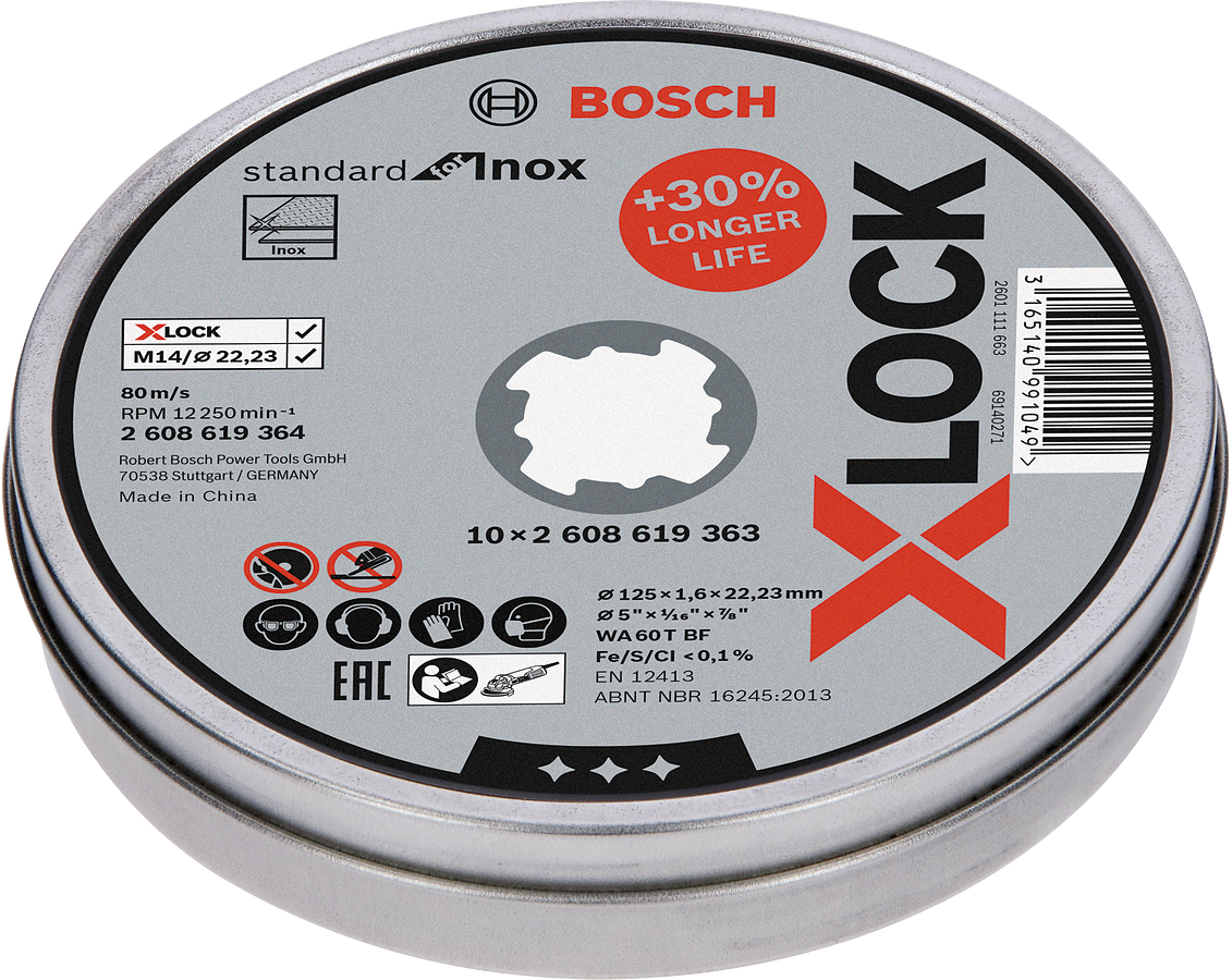 Bosch - X-LOCK - 125*1,6 mm Standard Seri Düz Inox (Paslanmaz Çelik) Kesme Diski (Taş) 10'lu