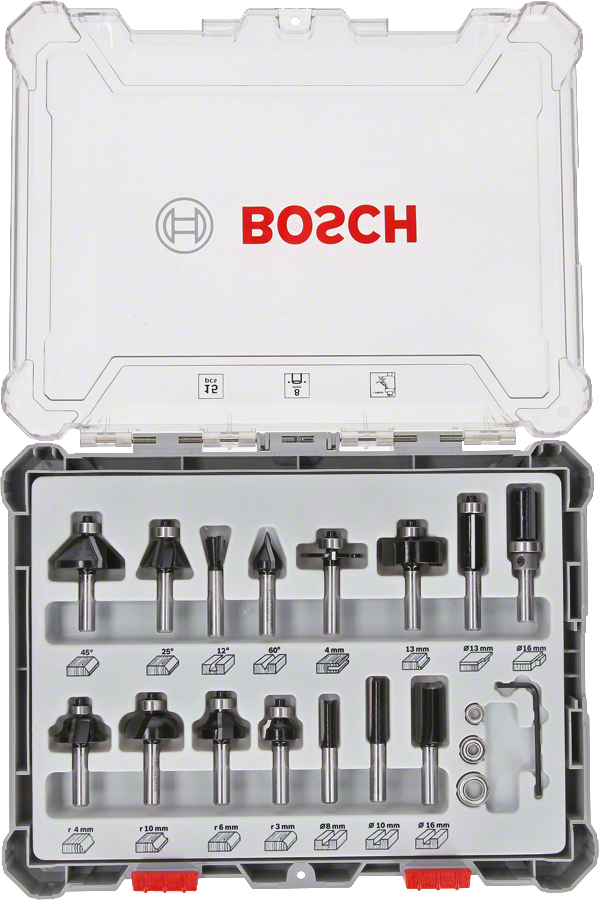 Bosch - Professional 15 Piece Mixed Router Bit Set 8 mm Shank