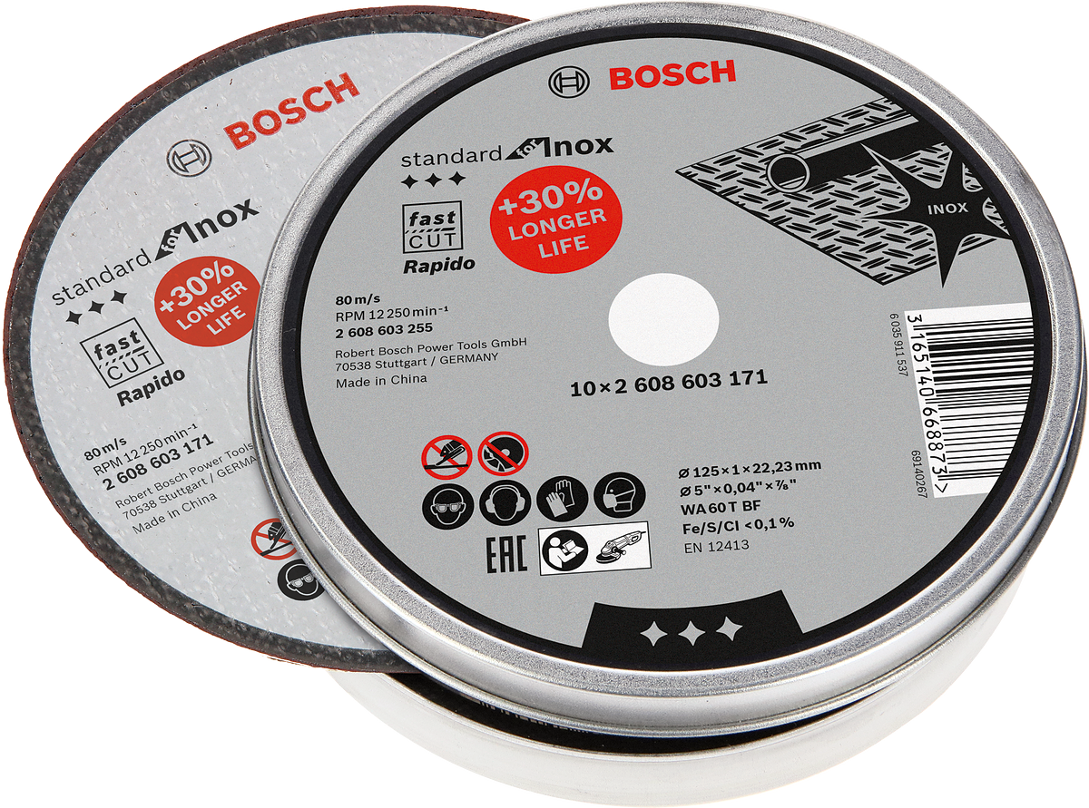 Bosch - 125*1,0mm Standard Seri Düz Inox (Paslanmaz Çelik) Kesme Diski (Taş) - Rapido 10'lu