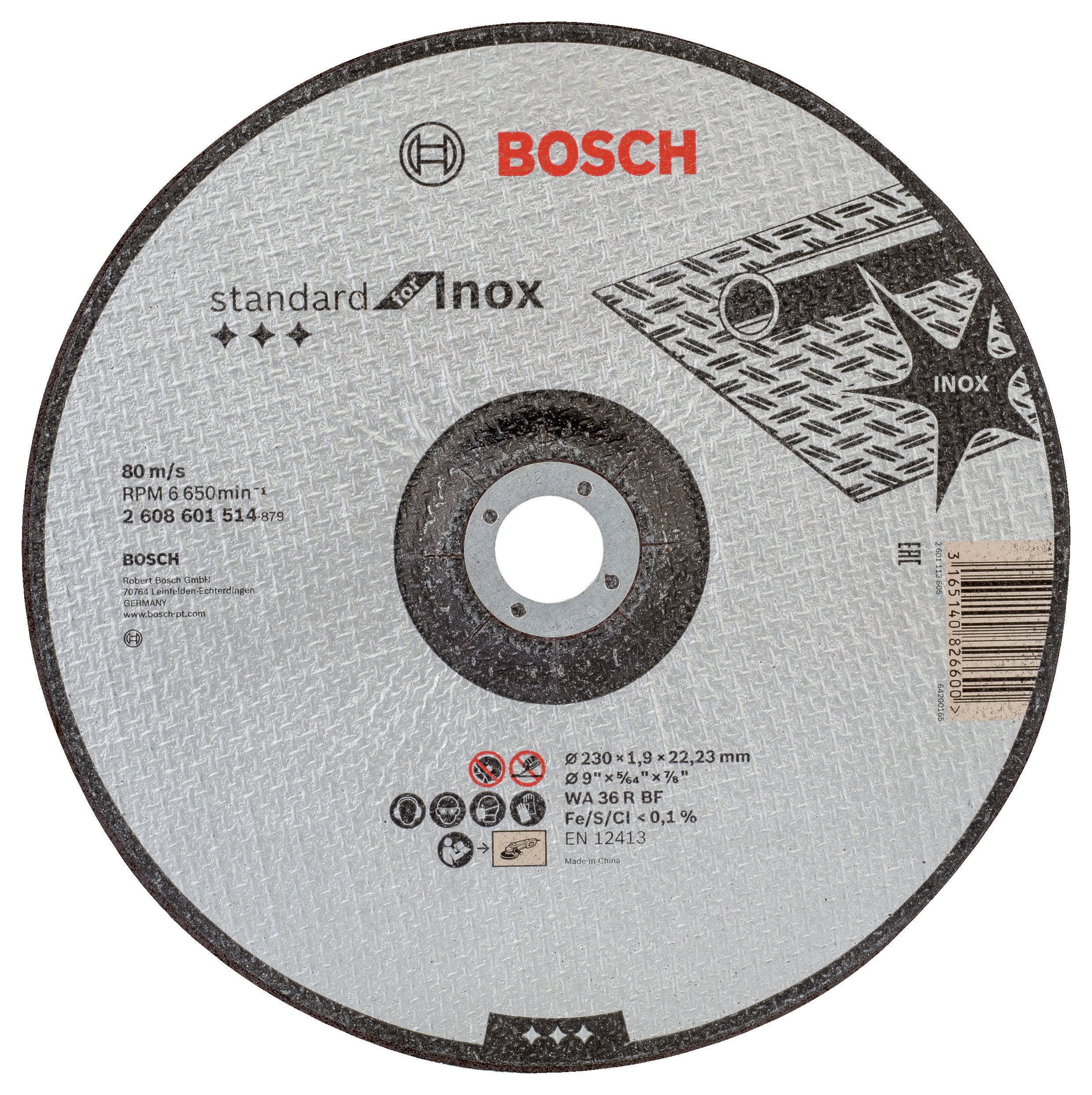 Bosch - 230*1,9 mm Standard Seri Düz Inox (Paslanmaz Çelik) Kesme Diski (Taş)