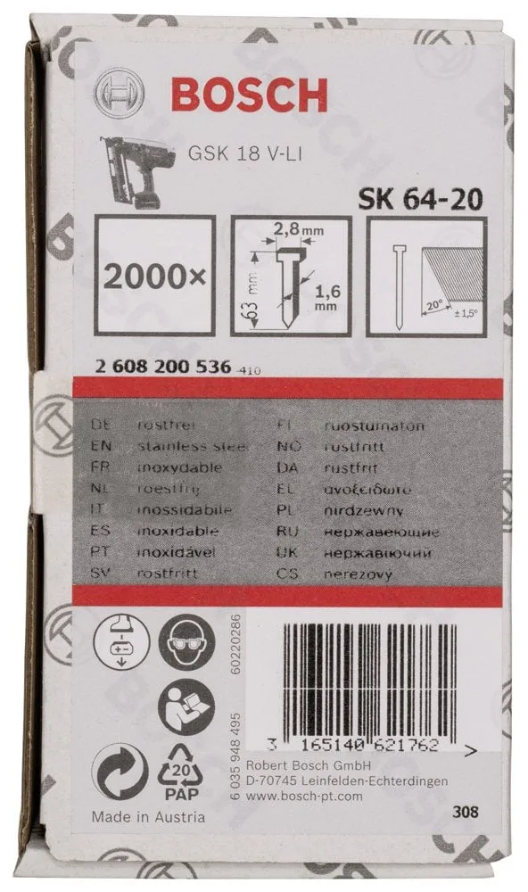 Bosch - Başsız Çivi 20ᵒ 63 mm Paslanmaz 2000li